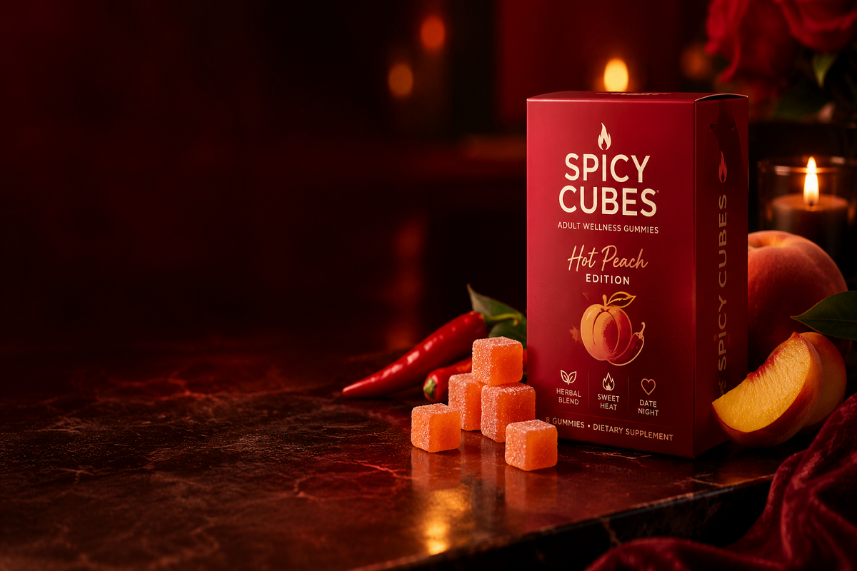 Spicy Cubes Hot Peach Edition gummies review and product box