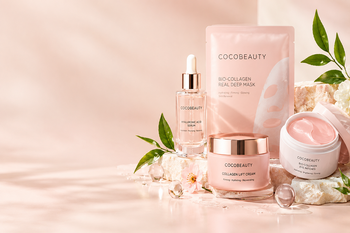 Coco Beauty skincare products including collagen mask, serum and eye patches